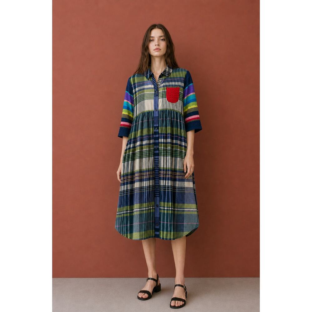 M. & Kyoko Plaid Shirt Dress Knit Pocket Japan Cotton One Size High End Luxury